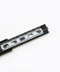 Close-up of 40 Wide Three Section Drawer Slide With Silent Ball Bearing Action, showing black and silver rails.