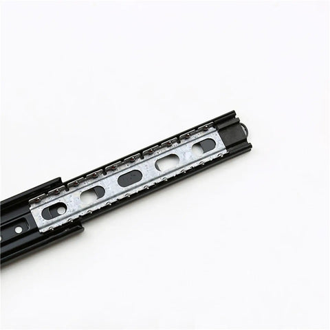Close-up of 40 Wide Three Section Drawer Slide With Silent Ball Bearing Action, showing black and silver rails.