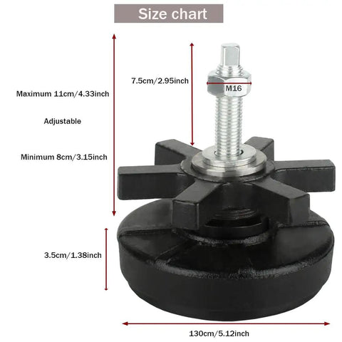 Heavy Duty Machine Leveling Feet M16 Thread 3300 Lb Capacity 5.12 Inch Base Cast Iron Black Oxide Finish with size chart