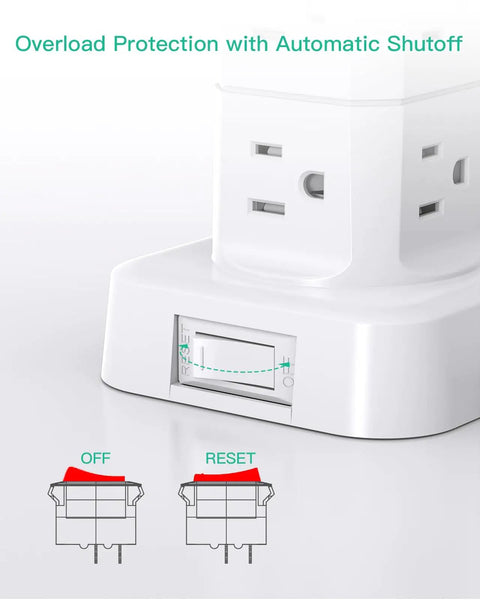 16 In 1 Surge Protector Power Strip Tower With Flat Plug, 12 AC Outlets And 4 USB Ports Including 2 USB C, 1080 Joules Protection, Integrated Circuit Breaker, Heavy Duty Power Hub For Home Office And Entertainment Center overload switch
