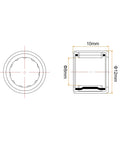 Technical drawing of HK0810 Needle Roller Bearings 8mm Bore 12mm OD 10mm Width Chrome Steel Open End
