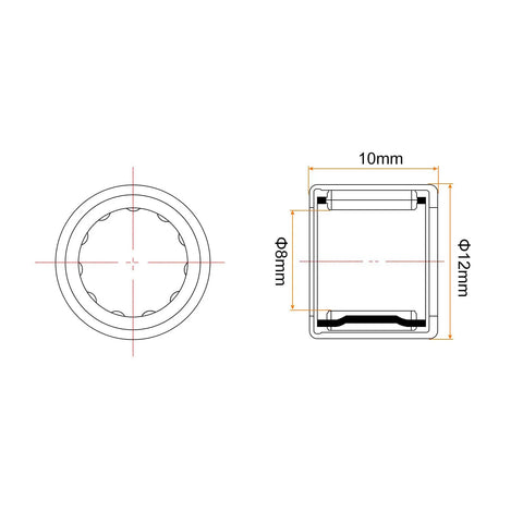 Technical drawing of HK0810 Needle Roller Bearings 8mm Bore 12mm OD 10mm Width Chrome Steel Open End