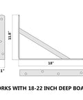 Diagram of 12 Pack Beefy 18 Inch Shelf Brackets For Garage Floating Shelves Black Powder Coated Steel Thick Wall Mounts With High Load Support Up To 1200 Lbs Per Pair Ideal For Workshop Storage, showing dimensions and board compatibility.