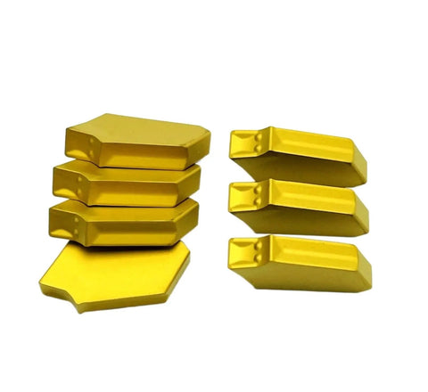 Get This Heavy Duty Indexable Carbide Lathe Tool For Steel And Stainless Cutting Tasks With Sharp Grooving Blade That Delivers Rock Hard Performance And Top Tier Wear Resistance For Your Machine Shop Grind. Yellow carbide inserts on display.