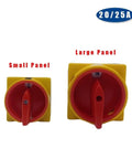 Comparison of small and large Two-Stage Rotary Cam Switches for DIN Rail Mount, 25A 48x48mm Padlockable Isolator.