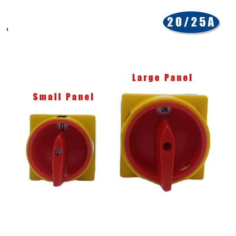 Comparison of small and large Two-Stage Rotary Cam Switches for DIN Rail Mount, 25A 48x48mm Padlockable Isolator.