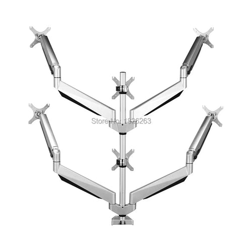 Full Motion Six Arm TV Mount Secures 10 To 24 Inch LCD LED Screens With Slick Gas Springs Built In USB Charging And Audio Jacks, silver metal design.
