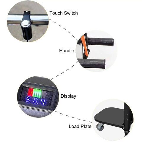 Electric Stair Climbing Hand Truck With 771lb Max Load, Heavy Duty Dolly For Moving Furniture Appliances, 1200W Powered Cart touch switch, handle, display, load plate details.