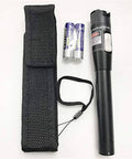 50mW VFL Fiber Optic Visual Fault Locator Pen for long range testing up to 26km, shown with carrying case and batteries