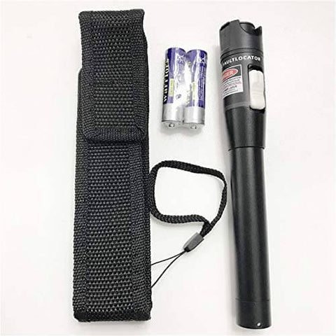 50mW VFL Fiber Optic Visual Fault Locator Pen for long range testing up to 26km, shown with carrying case and batteries