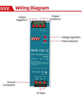 Wiring diagram for NVVV power supply, showing input and output terminals, voltage regulation, and power indicator.