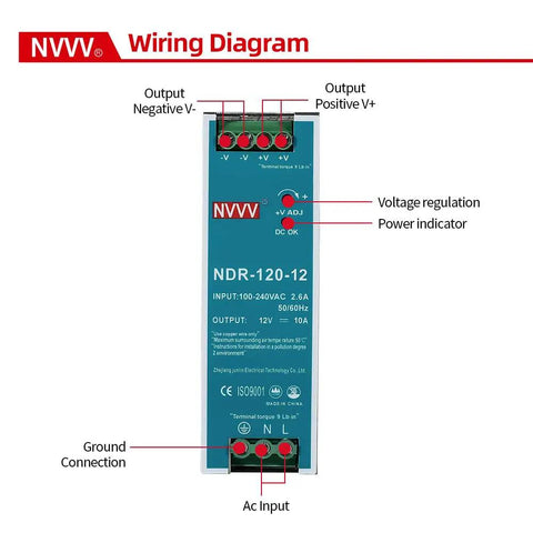 Wiring diagram for NVVV power supply, showing input and output terminals, voltage regulation, and power indicator.