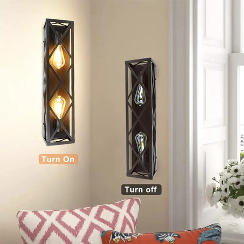 2-Light Industrial Vanity Lighting Fixtures Vintage Brown Metal Farmhouse Wall Sconces for Bathroom on and off states
