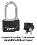Black Covered Aluminum Lock with Key for Gym Lockers and Outdoor Use shown with two keys, vinyl-coated body, long shackle.