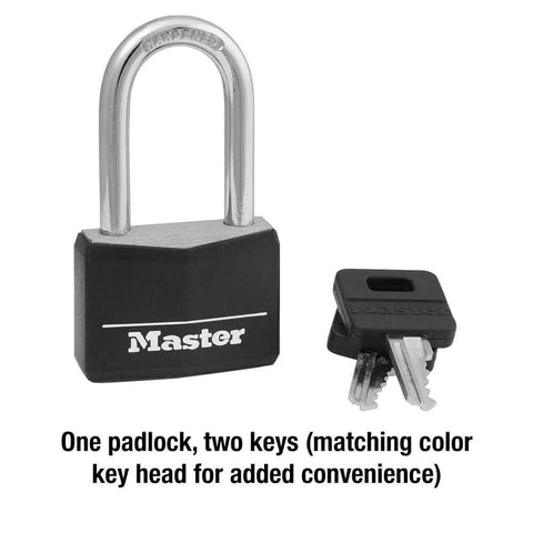 Black Covered Aluminum Lock with Key for Gym Lockers and Outdoor Use shown with two keys, vinyl-coated body, long shackle.