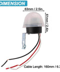 Auto On Off Photocell Night Light Switch Photosensor dimensions showing 63mm width, 61mm height, and 160mm cable length
