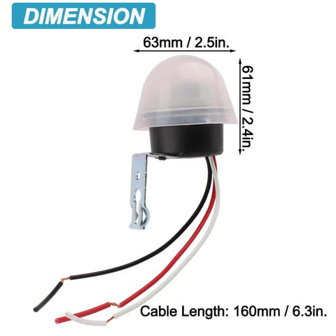 Auto On Off Photocell Night Light Switch Photosensor dimensions showing 63mm width, 61mm height, and 160mm cable length