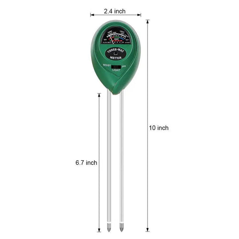 Grab-And-Go 3-In-1 Soil Test Kit Meter showing probes and measurement dimensions.