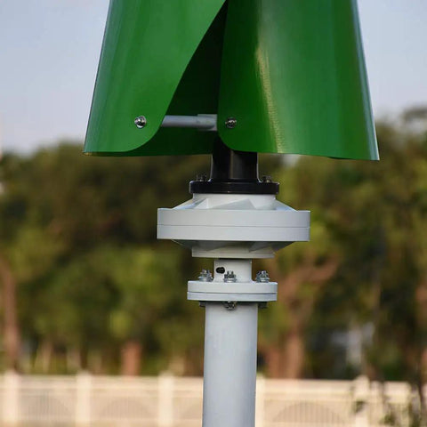 Close-up of 600W 12V Vertical Wind Turbine with Maglev Axis Coreless Permanent Magnet Generator Green FRP Blades Windmill.
