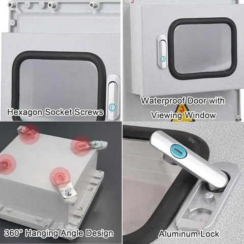 Front and side views of a waterproof outdoor junction box with viewing window, hex socket screws, and mounting plate.