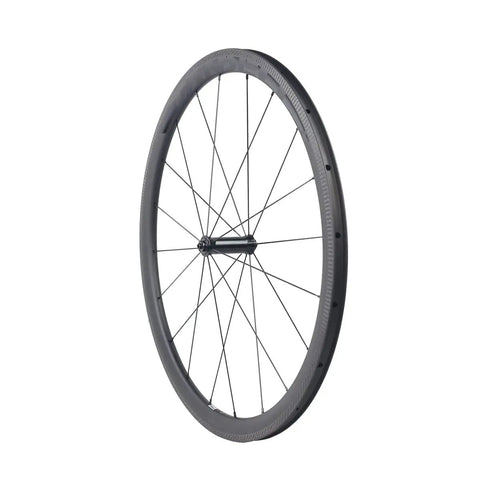 Side view of Thirty Eight Millimeter Carbon Clincher Road Bike Wheelset Tubeless Ready Rim Brake With Sapim CX Ray Spokes Beefy Aero Profile