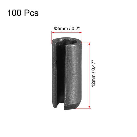 Slotted Spring Pins Kit 5mm By 12mm Plain Finish 65Mn Roll Assortment Set 100 Pieces Durable Hardware Fasteners For Machinery Automotive And DIY Projects Ready To Install. Image shows a single slotted spring pin with dimensions 5mm x 12mm shown.