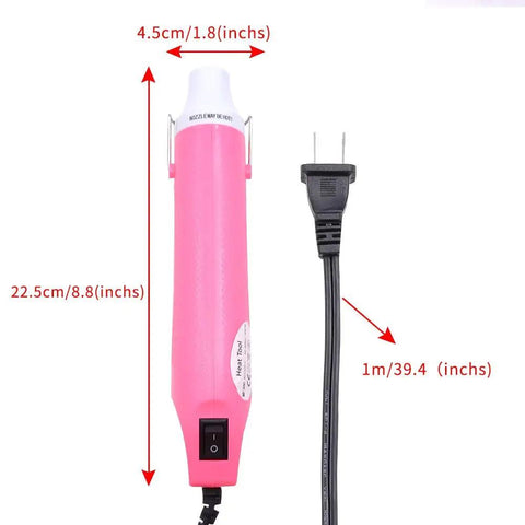 Dimensions of Mini 300W Heat Gun With Stand For DIY Embossing Shrink Tubing And Drying Paints Multi Purpose Hot Air Tool in pink and white
