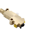 Brass PV2 combination proportioning valve for disc/drum brakes, side view with yellow port plugs and black knob.