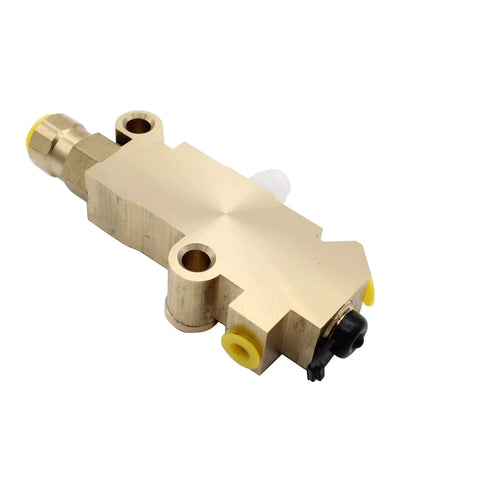 Brass PV2 combination proportioning valve for disc/drum brakes, side view with yellow port plugs and black knob.