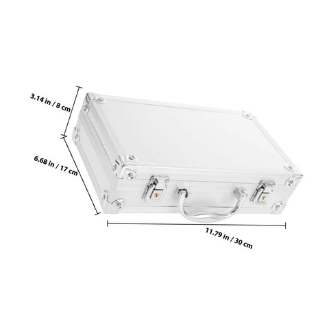 Built Tough Aluminum Alloy Work Crate With Cushion Grip Bail And Quick Release Cover For Grease Monkey Multi Layer Tool Sorting or On The Road Health Supply Tote, measurements and angle view.