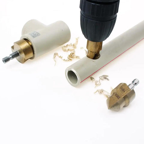 Three Pack PPR Lifting Stepped Drill Bits For Water Pipe Repair And Deburring, Titanium Coated High Carbon Steel, Quick Change
