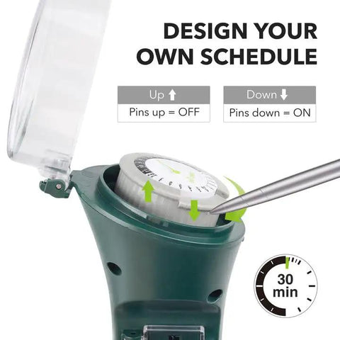 Heavy Duty Outdoor Power Stake Timer With Six Grounded Outlets And Six Foot Cord Weatherproof Mechanical Dial adjustments.