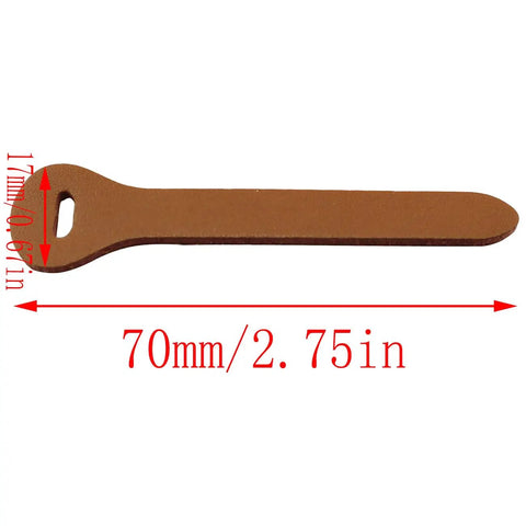 Brown leather zipper pull replacement slider shown flat, measuring 17mm by 70mm, part of 12 Pack Leather Zipper Pulls Replacement Sliders 17mm By 70mm Durable Easy To Clean No Sewing Required For Backpacks Luggage Handbags Wallets Jackets Coats Travel Bags Black Khaki Brown.