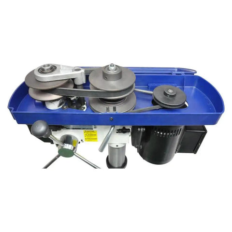 Straight Up Workhorse 12 Inch Variable Speed Benchtop Drill Press With 3 4 Horsepower Motor showing drive belts and pulleys.