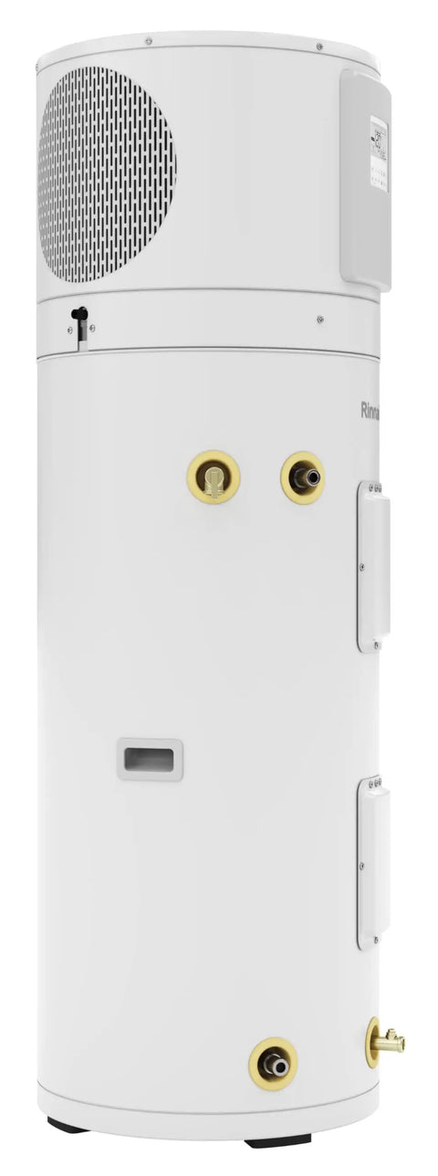 Heavy Duty 50 Gallon Heat Pump Water Heater With Energy Star Certification And Zero Emission Tech For Wallet Friendly Savings featuring side view with connectors.