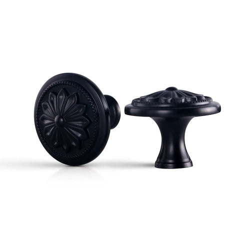 Matte Black Dope Round Cabinet Knobs Set of Fifteen for Cabinets and Drawers, 36mm Diameter Flower Shape close-up view