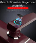 Knockout Biometric Fingerprint Door Lock With Slick Touch Screen Passcode Keyless Entry Crafted From Durable Stainless Steel Gray Body in close-up view.