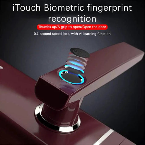Knockout Biometric Fingerprint Door Lock With Slick Touch Screen Passcode Keyless Entry Crafted From Durable Stainless Steel Gray Body in close-up view.