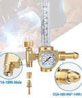 BETOOLL Argon welding regulator, front view, with flow meter and 6.6 ft hose, brass body and pressure gauge