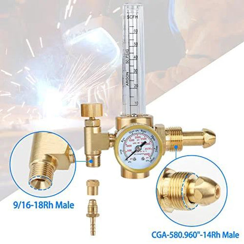 BETOOLL Argon welding regulator, front view, with flow meter and 6.6 ft hose, brass body and pressure gauge
