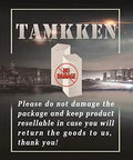 Tamkken reminder to keep packaging undamaged for returns with city skyline background, promoting product care.