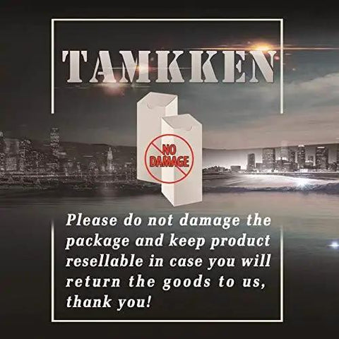 Tamkken reminder to keep packaging undamaged for returns with city skyline background, promoting product care.