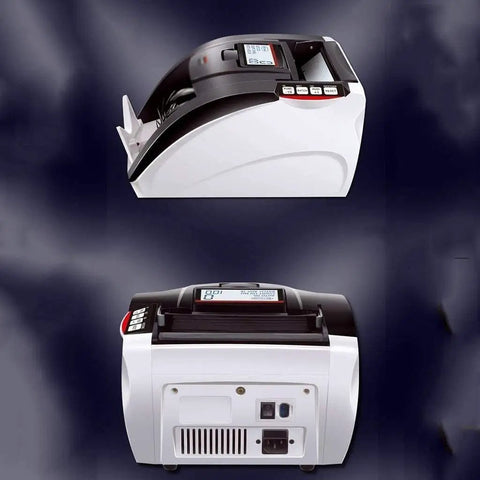 Top Tier Portable Money Counter With Legit Counterfeit Checker And Smooth Tilting Screen side view with control panel and bill feeder.