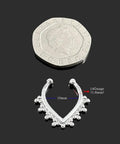 Dope Tribal Multi Dot V Shape Design 14 Gauge 316L Surgical Steel Hoop Clip On Fake Septum Nose Ring shown with coin for size