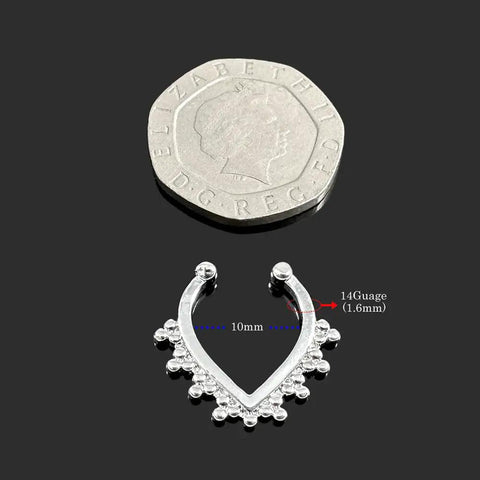 Dope Tribal Multi Dot V Shape Design 14 Gauge 316L Surgical Steel Hoop Clip On Fake Septum Nose Ring shown with coin for size