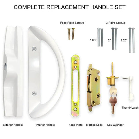 Full Replacement Patio Sliding Door Handle Set With Mortise Lock And Key Cylinder, White Finish, Includes Screws and Components