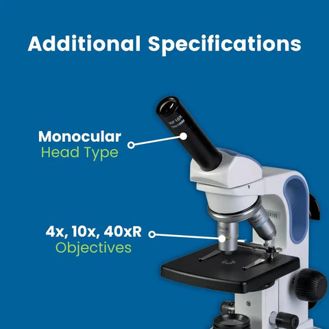 Monocular Compound Microscope With 40X To 400X Magnification, Cordless LED Illumination, showing head type and objectives.