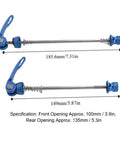 Blue quick release skewers for front 100mm and rear 135mm axles, highlighting 185.6mm and 149mm lengths, bicycle parts.