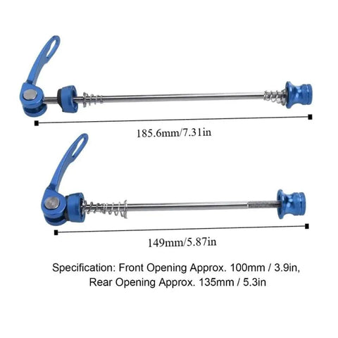 Blue quick release skewers for front 100mm and rear 135mm axles, highlighting 185.6mm and 149mm lengths, bicycle parts.