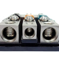 Bassik High Current 3 Way Fuse Distribution Block for Car Audio Accepts 0 or 4 Gauge Input Two Fused 0 Gauge Outputs and One Fused 4 Gauge Output 300 Amp Capacity Heavy Duty Power Block With Secure Set Screws, three-way metal fuse block